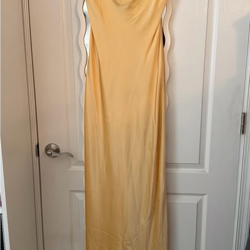Reformation Strapless Satin Maxi Dress in Pale Yellow